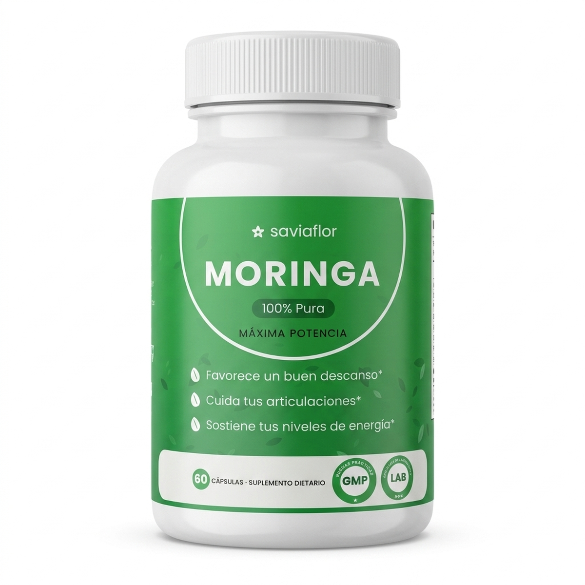SAVIAFLOR Moringa 100% pura, frasco de 60 cápsulas — vista de frente